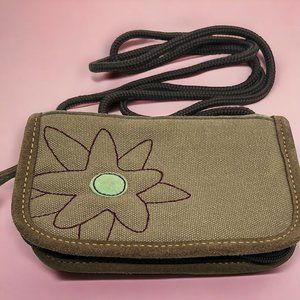 Zennia Khaki Suede Leather Canvas Crossbody Bag Wallet Embroidered NWOT